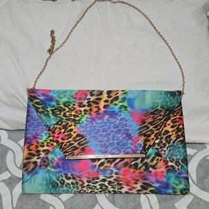 Multicolor Leopard Print Clutch with Gold Chain